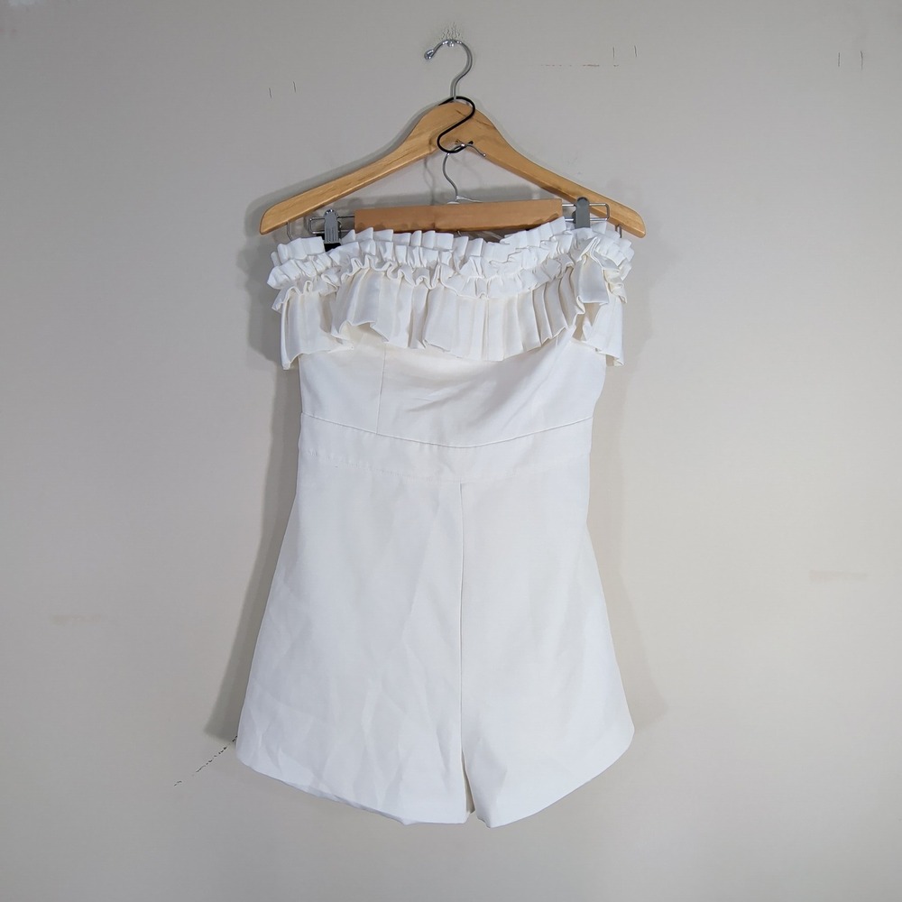 White Strapless Romper; Ruffle Trim Pleated Bodice; NWOT